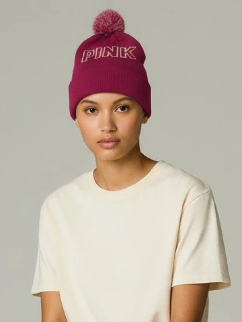 PINK Knit Pom Beanie in Hot Pink